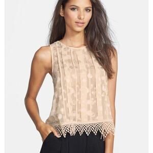 ASTR Blouse Womens Size XS Cream Gold Metallic Polka Dot Crochet Hem Button Back